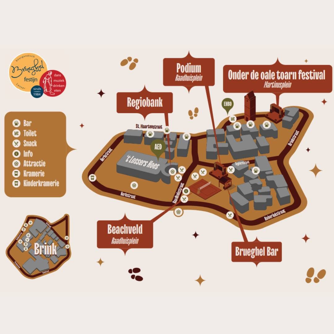 Plattegrond Bruegheliaans Festijn Losser: centrum met straten, podia en kramerie